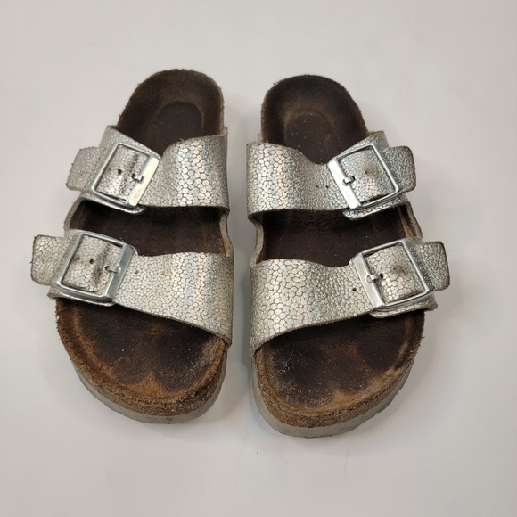 Birkenstock Birkis Sz 38 Arizona Sandals Silver Textured Double Buckle - Picture 2 of 8